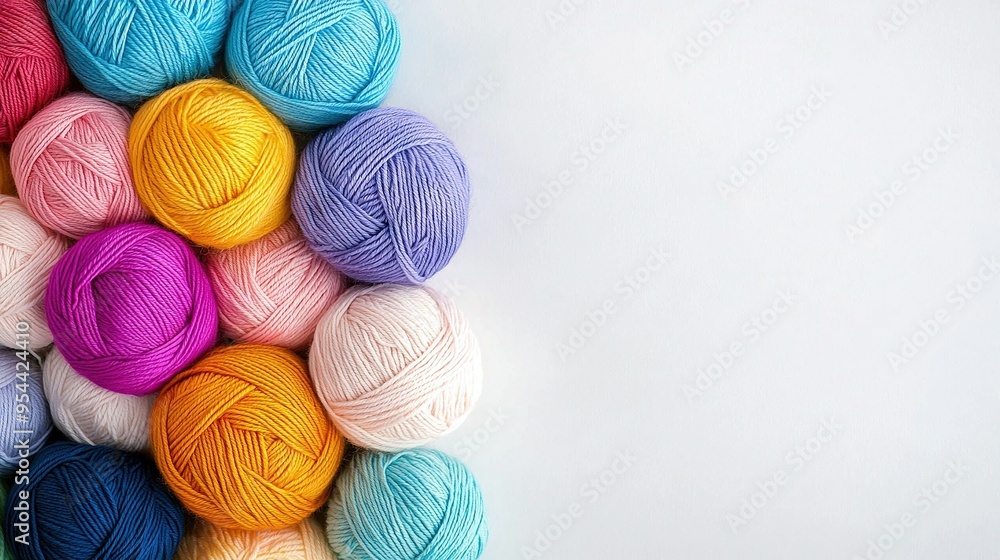 Multicolored yarn balls on white background with white space in middle Multicolored yarn balls on white background with white space in middle