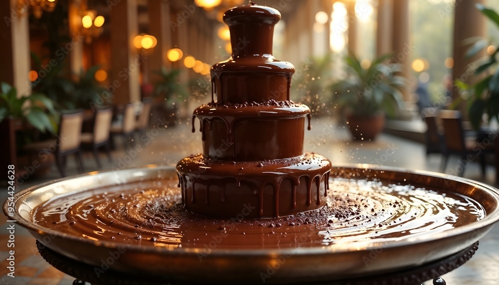 Luxurious Chocolate Fountain in Upscale Restaurant Setting Luxurious Chocolate Fountain in Upscale Restaurant Setting