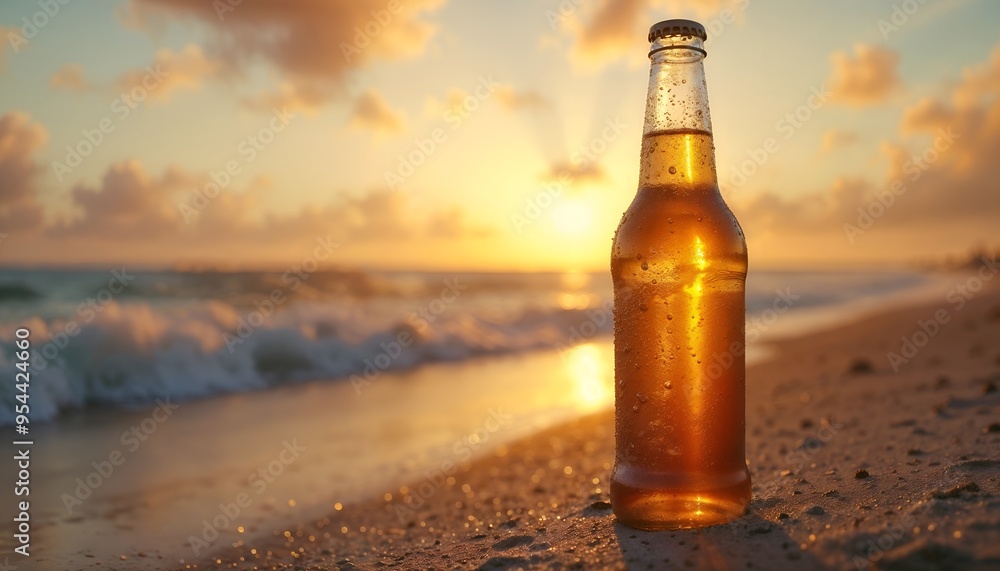 Sunset Beach with a Relaxing Bottle of Beer on the Sand Sunset Beach with a Relaxing Bottle of Beer on the Sand