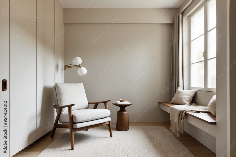 Fototapeta premium A cozy reading nook with Scandinavian and mid-century modern influences, featuring a minimalist armchair