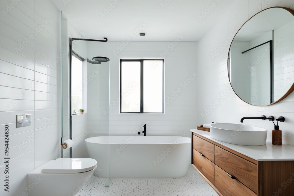 A minimalist bathroom with Scandinavian design, featuring white tiles, a wooden vanity, and sleek fixtures A minimalist bathroom with Scandinavian design, featuring white tiles, a wooden vanity, and sleek fixtures