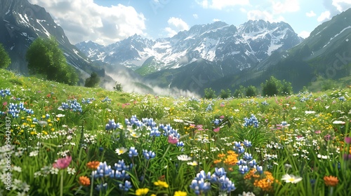 Fototapeta Naklejka Na Ścianę i Meble -  Colorful alpine meadow with vibrant wildflowers and backdrop of majestic snow-capped mountains for scenic beauty natural harmony and mountain landscape concept.
