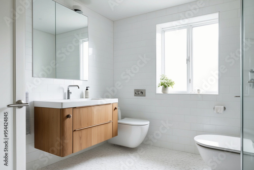 Wallpaper Mural A minimalist bathroom with Scandinavian design, featuring white tiles, a wooden vanity, and sleek fixtures Torontodigital.ca