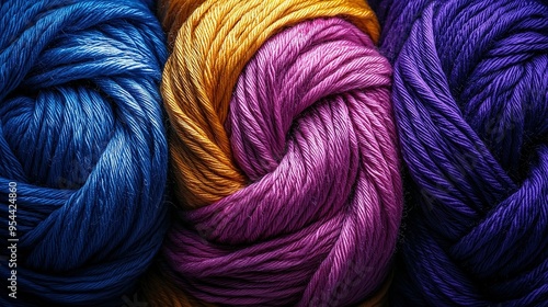  A close-up of various hues of yarn, including blue, yellow, purple, and orange