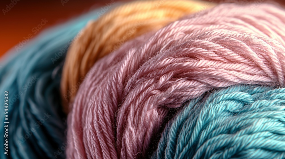 Close-up of multiple hues of blue, pink, yellow, and orange yarn skeins Close-up of multiple hues of blue, pink, yellow, and orange yarn skeins