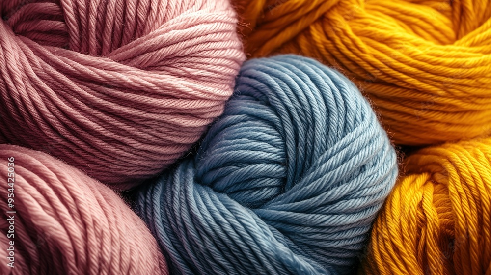 Blue, yellow, pink, and orange yarn skeins close-up Blue, yellow, pink, and orange yarn skeins close-up