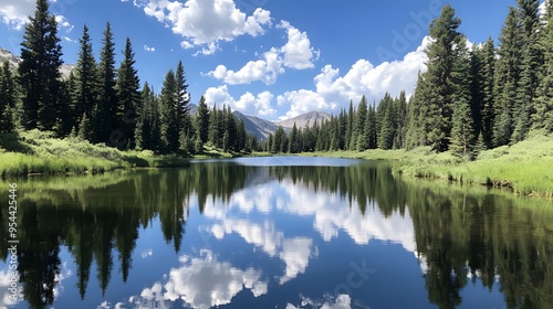 A serene mountain lake surrounded by tall pine trees