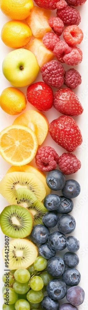 Vibrant assortment of fresh fruits arranged in a colorful gradient, featuring apples, citrus, berries, kiwis, grapes, and blueberries on a white background. Vibrant assortment of fresh fruits arranged in a colorful gradient, featuring apples, citrus, berries, kiwis, grapes, and blueberries on a white background.