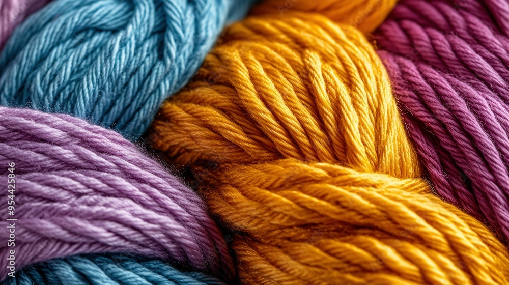 A close-up of several skeins of yarn in diverse shades of blue, yellow, pink, purple, and orange A close-up of several skeins of yarn in diverse shades of blue, yellow, pink, purple, and orange