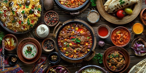 Uzbek Cuisine Poster Design Traditional Dishes with Uzbek Ornament Pilaf Manti Lagman Soup Vegetable Salad Tandoor Flatbread Samsa Sauces and Spices