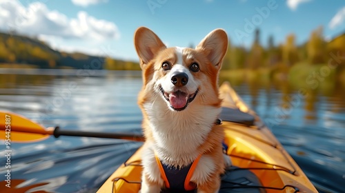 Happy Corgi Enjoying a Kayak Ride on a Sunny Lake