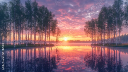 A Serene Sunset Reflection in a Misty Birch Forest