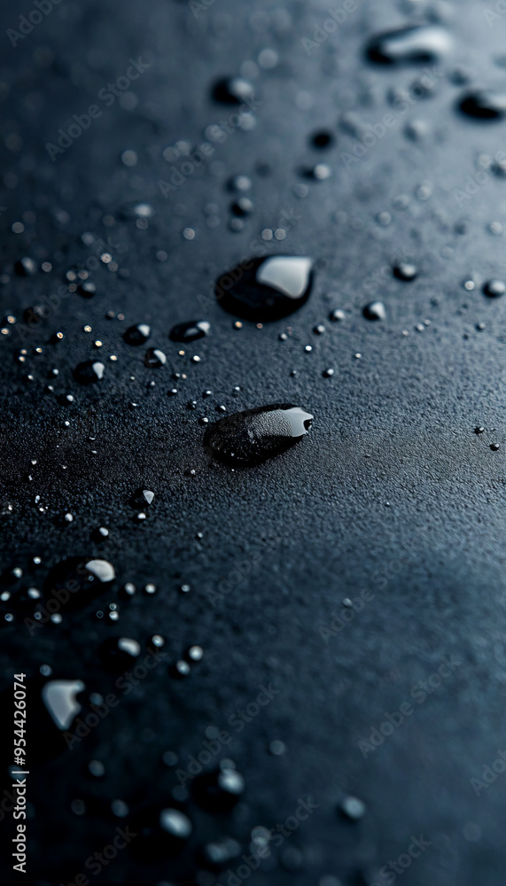 Close-up of water droplets on a smooth dark surface capturing reflections, perfect for abstract and textured backgrounds or minimalist designs. Close-up of water droplets on a smooth dark surface capturing reflections, perfect for abstract and textured backgrounds or minimalist designs.