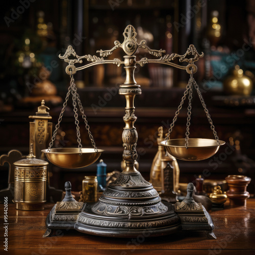 generated Illustration of balanced scale in court library background