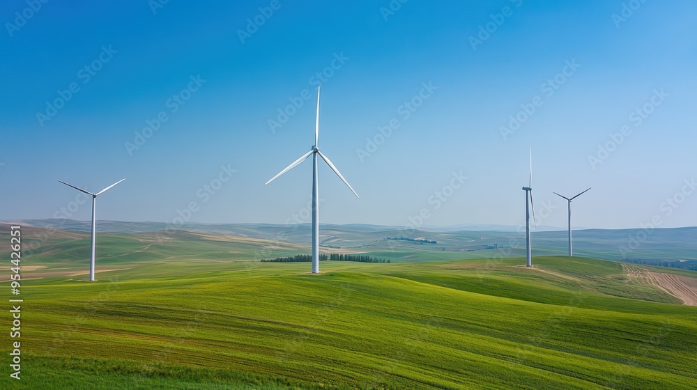 Windmill farm in a lush green countryside field under a clear blue sky Windmill farm in a lush green countryside field under a clear blue sky