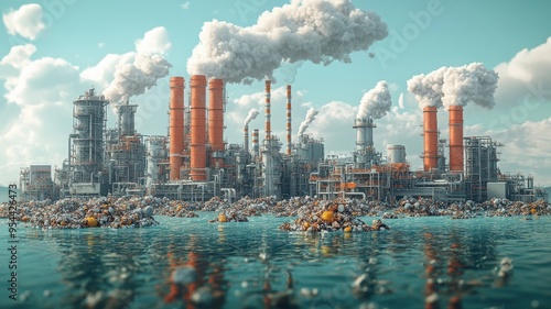 A polluted industrial landscape with smokestacks releasing smoke into the sky and waste accumulating in the water. photo