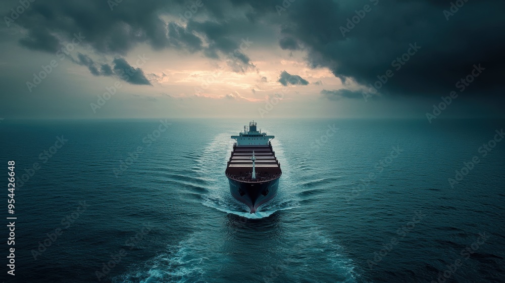 Naklejka premium Dramatic Cargo Ship Sailing Through Stormy Ocean Horizon