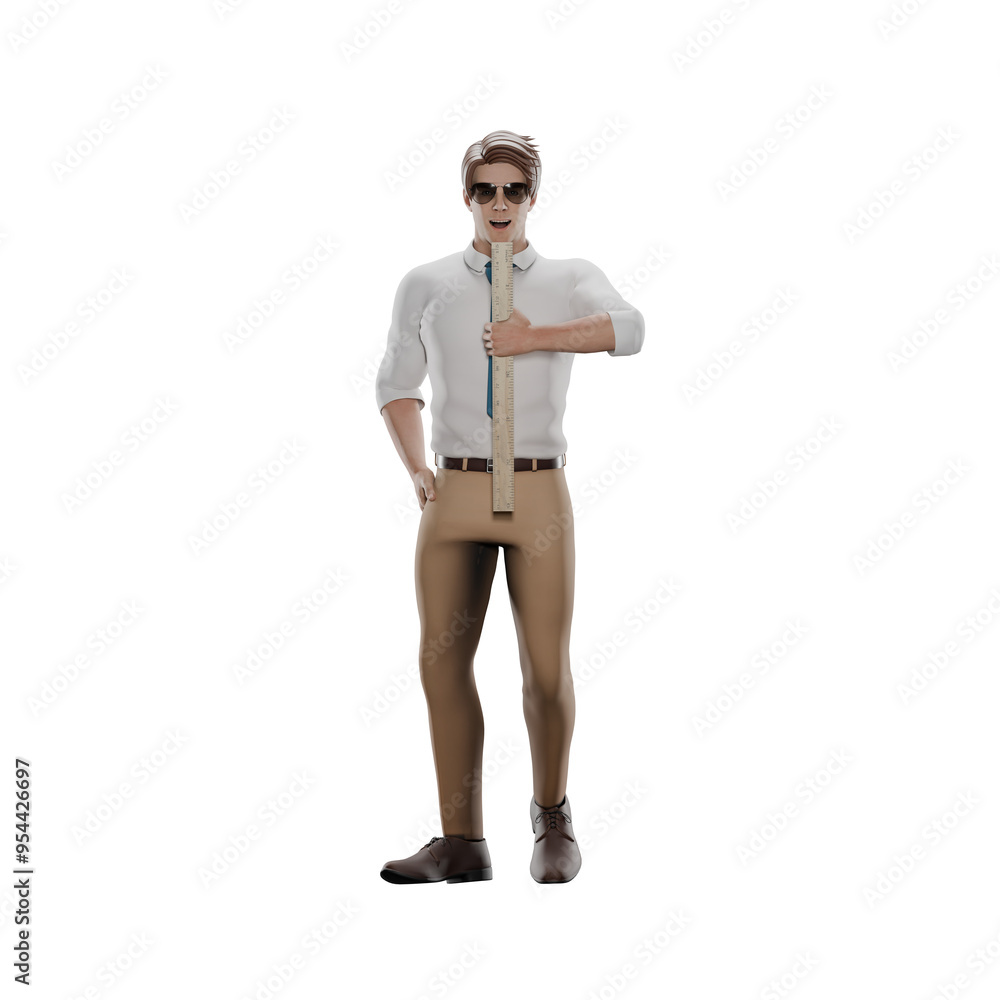 Male Educational Professional in 3D. A male teacher stands with his left hand holding a ruler while his right hand is put in his pants pocket. eacher Cartoon Male Educational Professional in 3D. A male teacher stands with his left hand holding a ruler while his right hand is put in his pants pocket. eacher Cartoon