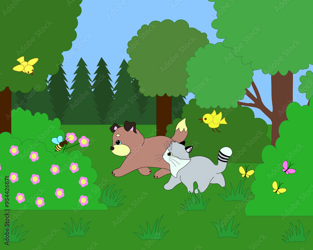 kitten and puppy walking and playing in the forest in nature kitten and puppy walking and playing in the forest in nature