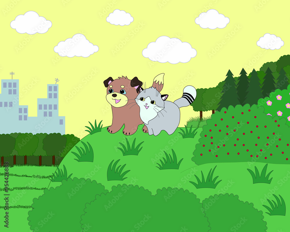 kitten and puppy walking and playing in the forest in nature kitten and puppy walking and playing in the forest in nature