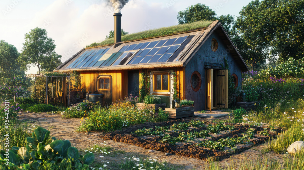 Hyper-realistic view of a simple, off-grid house with a wood-burning stove, natural insulation, Hyper-realistic view of a simple, off-grid house with a wood-burning stove, natural insulation,