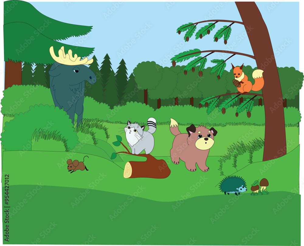 kitten and puppy walking and playing in the forest in nature