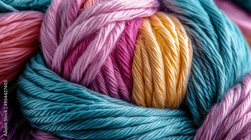A close-up image of a ball of multicolored yarn displays shades of blue, pink, yellow, and green A close-up image of a ball of multicolored yarn displays shades of blue, pink, yellow, and green