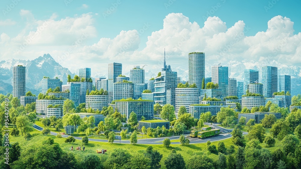Obraz premium A vibrant, modern cityscape featuring sustainable architecture and lush greenery under a bright blue sky.