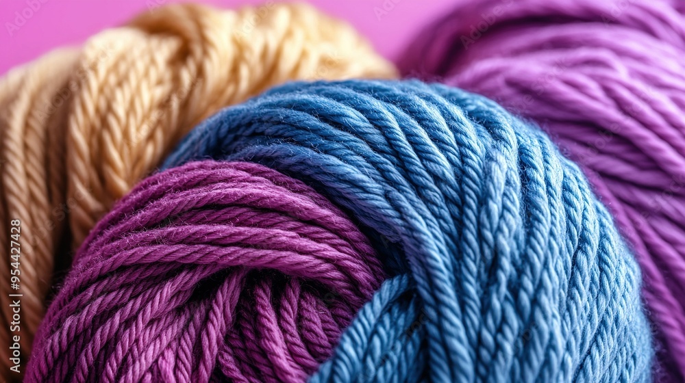 Multiple strands of yarn in different shades of blue, pink, yellow, and purple on a pink background Multiple strands of yarn in different shades of blue, pink, yellow, and purple on a pink background
