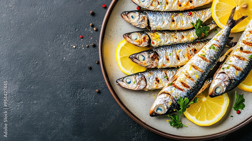 Grilled Sardines with Lemon and Parsley on a Plate Grilled Sardines with Lemon and Parsley on a Plate