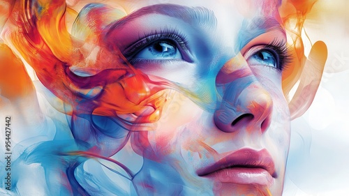 A vibrant portrait blending emotions and colors, capturing the essence of beauty and creativity in artistic expression.