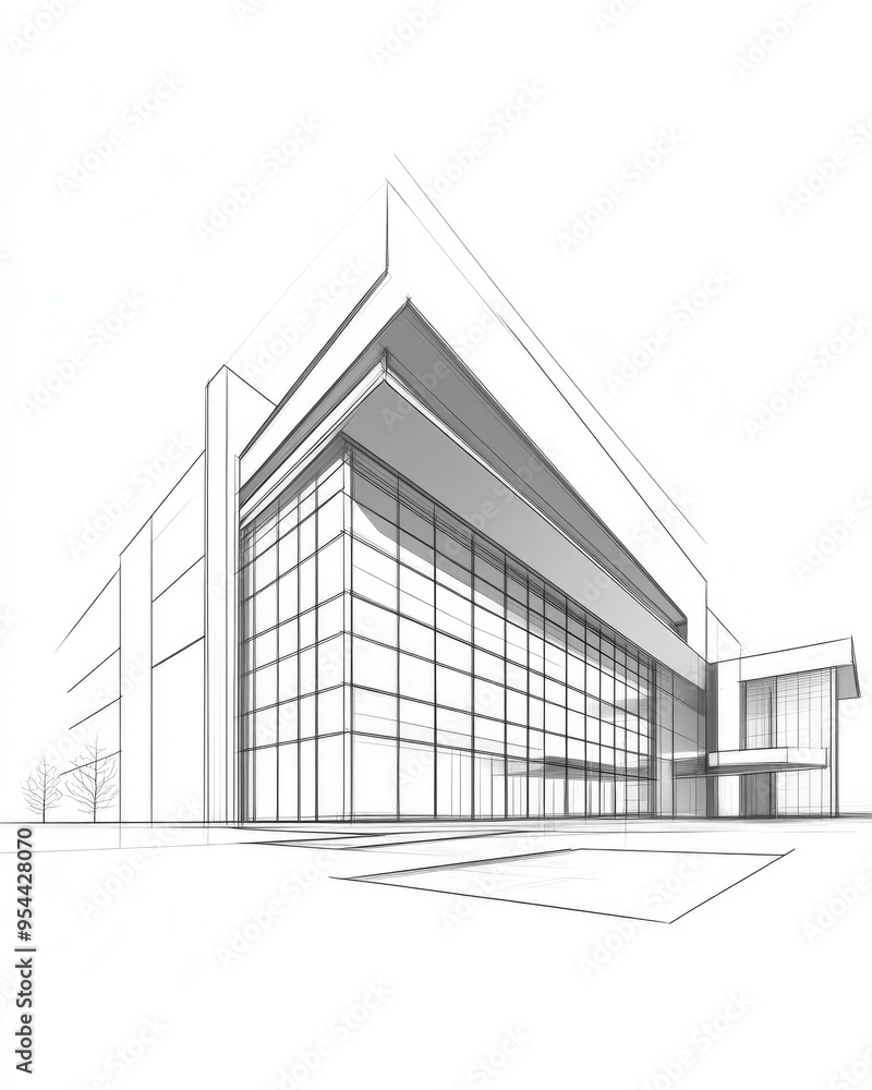 Line art illustration depicting a modern architectural building in a 3D drawing style Line art illustration depicting a modern architectural building in a 3D drawing style