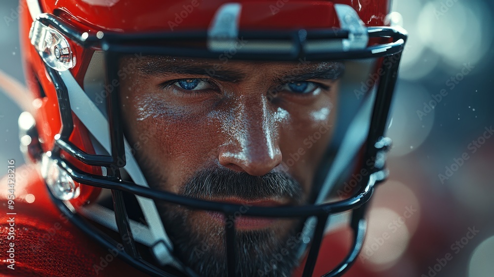 Close-up of an intense football player wearing a helmet, showcasing determination and focus on the game's challenges. Close-up of an intense football player wearing a helmet, showcasing determination and focus on the game's challenges.