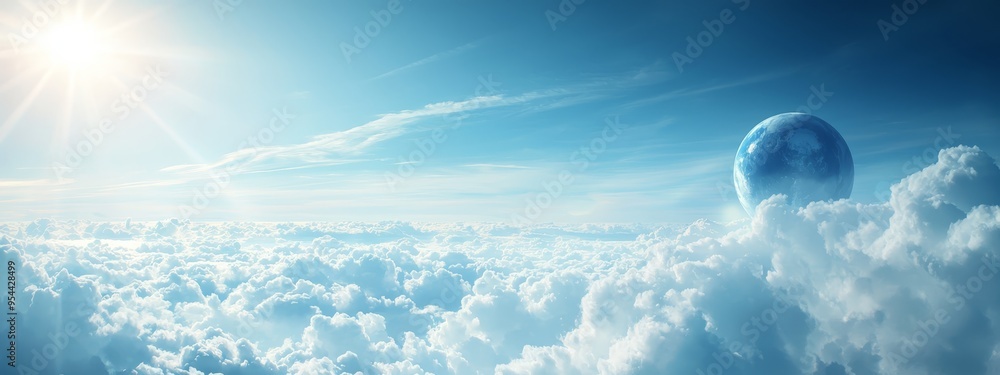 The sun shines above fluffy clouds, with a clear blue sky showcasing a spherical ball overhead The sun shines above fluffy clouds, with a clear blue sky showcasing a spherical ball overhead
