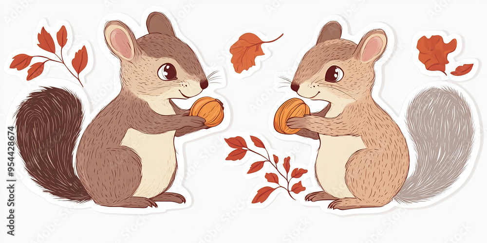 Naklejka premium Baby squirrels eating nuts sticker on white background cute kawaii colorful vibrant 8k quality detailed --ar 2:1 --v 6.1 Job ID: 6710f167-9080-4ea2-ad02-9b98d0c0046e