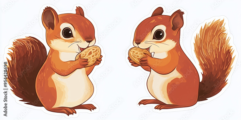 Fototapeta premium Baby squirrels eating nuts sticker on white background cute kawaii colorful vibrant 8k quality detailed --ar 2:1 --v 6.1 Job ID: b33f3cb7-7b38-4488-b735-b5d745ef3d2f
