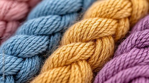  Multiple skeins of multicolored yarn arranged in a close-up view