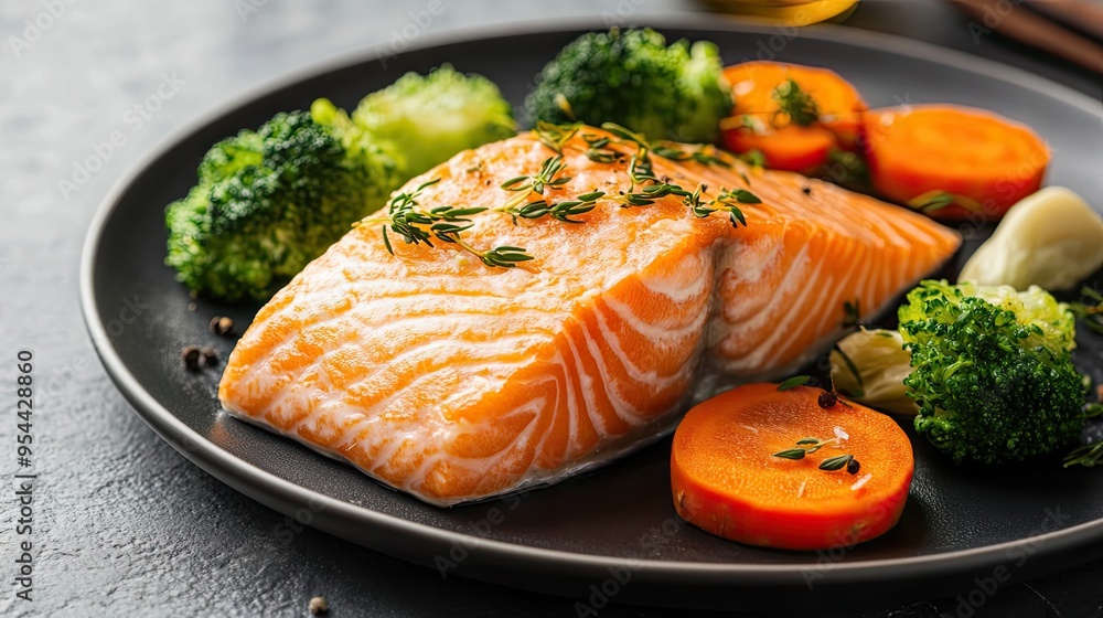 Grilled Salmon with Broccoli and Carrot Slices on a Black Plate