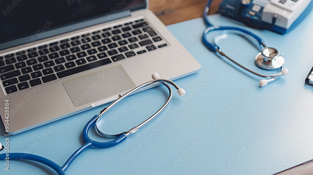 Stethoscope and laptop on doctors desk Stethoscope and laptop on doctors desk