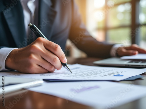 Businessman signing important legal or financial documents at his desk, professional office setting, focus on hand holding a pen, laptop in the background, corporate agreement or contract approval