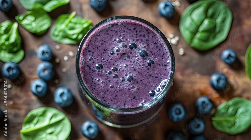 Overhead View of a Glass of Blueberry Smoothie Surrounded by Blueberries and Spinach Leaves Overhead View of a Glass of Blueberry Smoothie Surrounded by Blueberries and Spinach Leaves