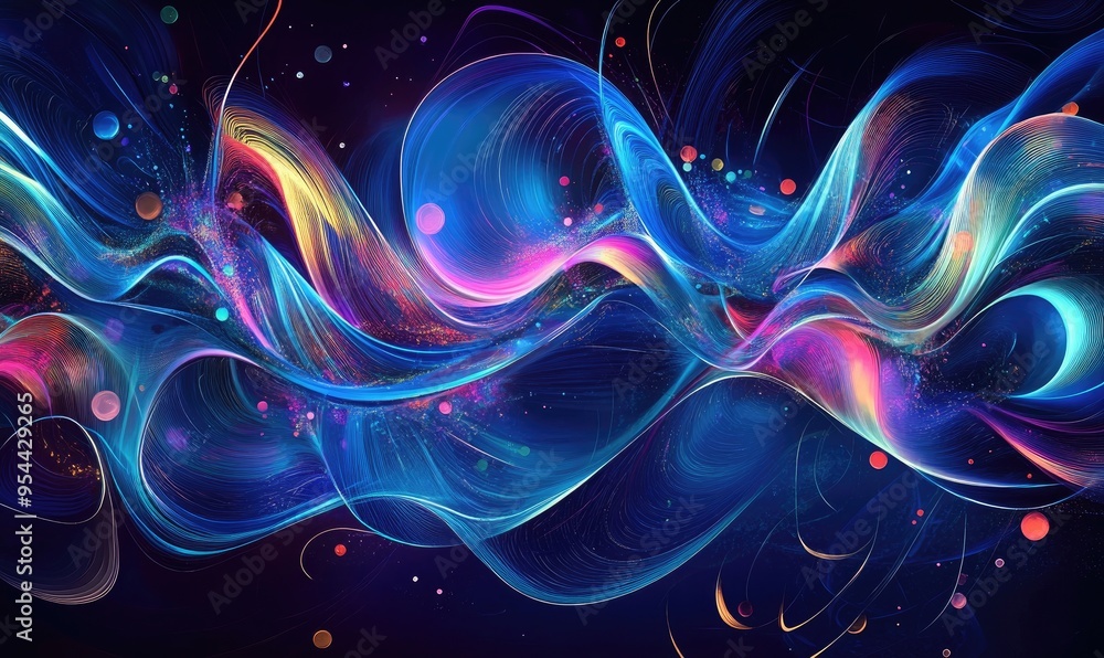 Line art illustration featuring abstract light painting set against a predominantly blue and dark background with vibrant colorful lighting effects Line art illustration featuring abstract light painting set against a predominantly blue and dark background with vibrant colorful lighting effects