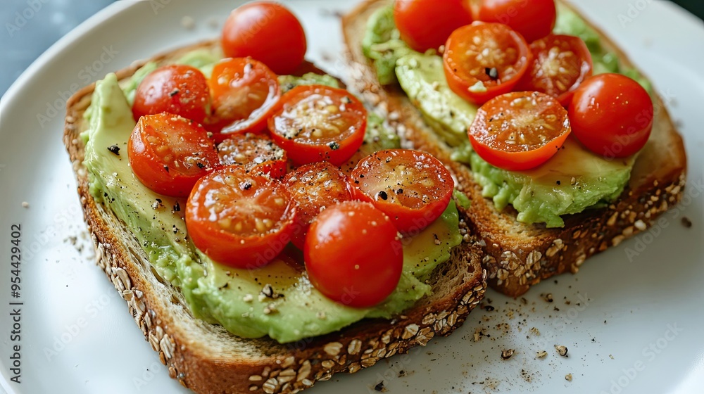 Two Slices of Toasted Bread with Avocado and Cherry Tomatoes Two Slices of Toasted Bread with Avocado and Cherry Tomatoes