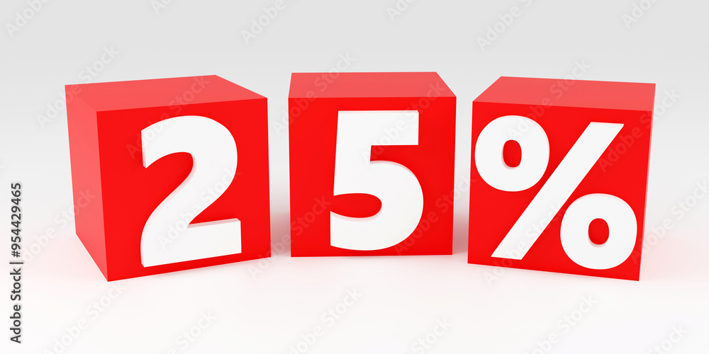 Inscription made by red boxes 25 percent on grey podium, soft light, smooth background, 3d rendering Inscription made by red boxes 25 percent on grey podium, soft light, smooth background, 3d rendering