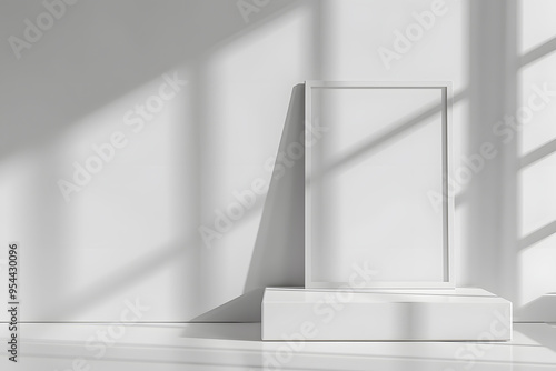 Sleek white podium in minimalist space featuring a large framed photo with soft lighting and clean design