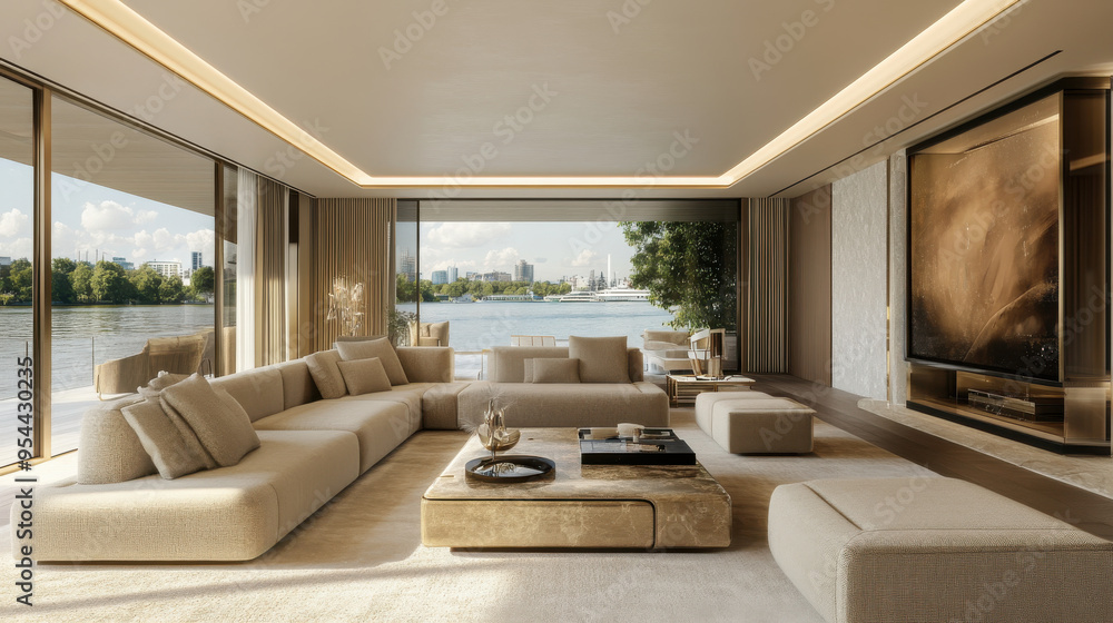 Fototapeta premium Luxurious modern living room design with river views, soft beige tones, and a large coffee