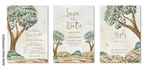 wedding invitation set with tree and floral garden landscape