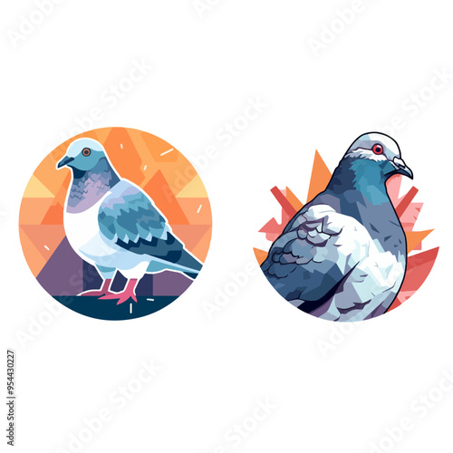 The two pigeons are standing in front of a mountain. One of them is looking at the camera