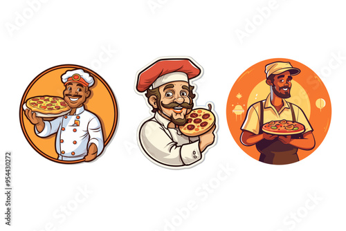 Three men are holding pizza. One is a chef, the other two are pizza delivery men