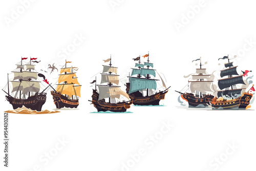 A row of ships with different colors and sizes. The ships are sailing in the ocean. The ships are in different positions, some are closer to the viewer and some are further away
